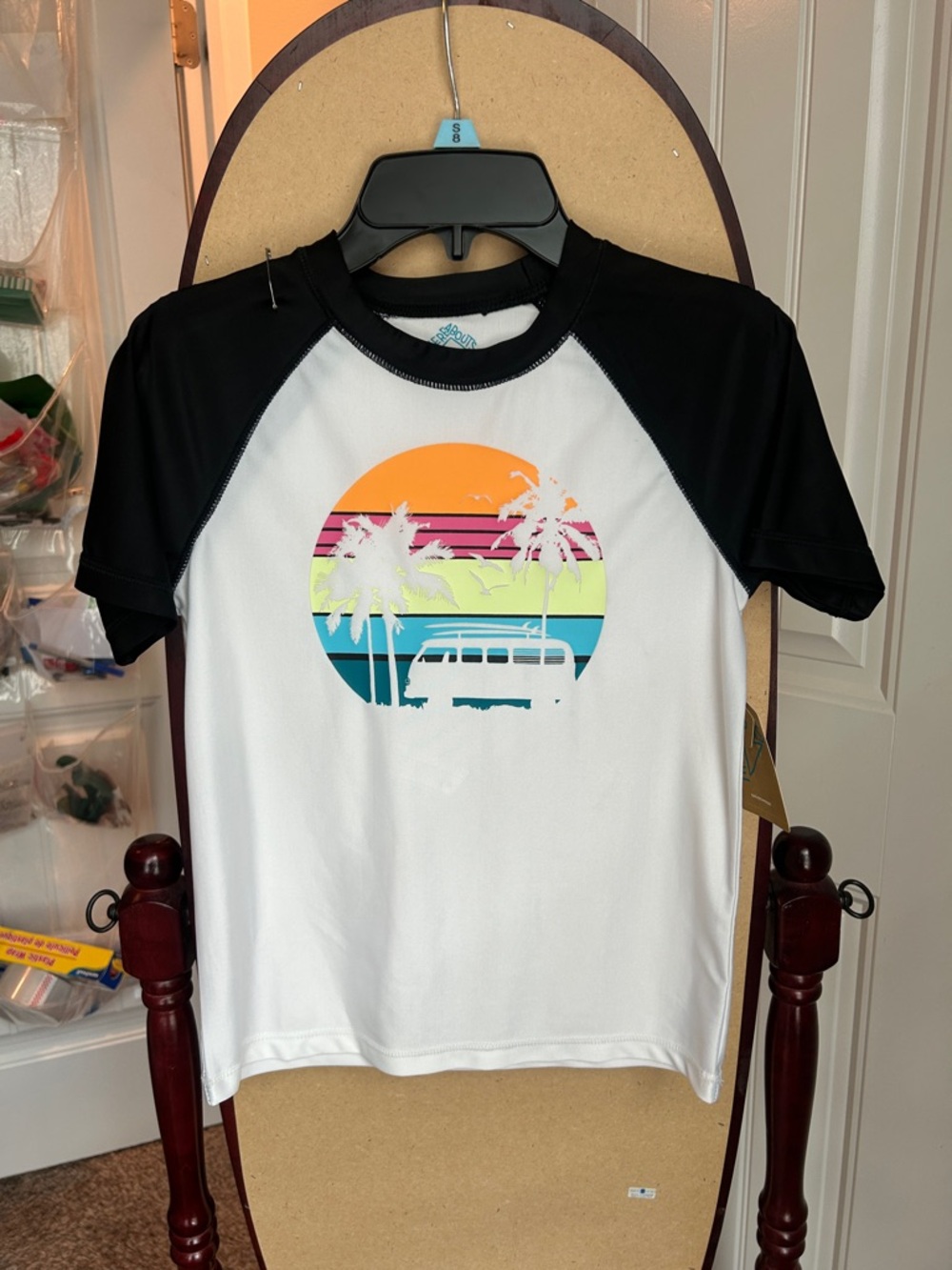Black & White Raglan swim shirt with Colorful Palm Sunset Graphic